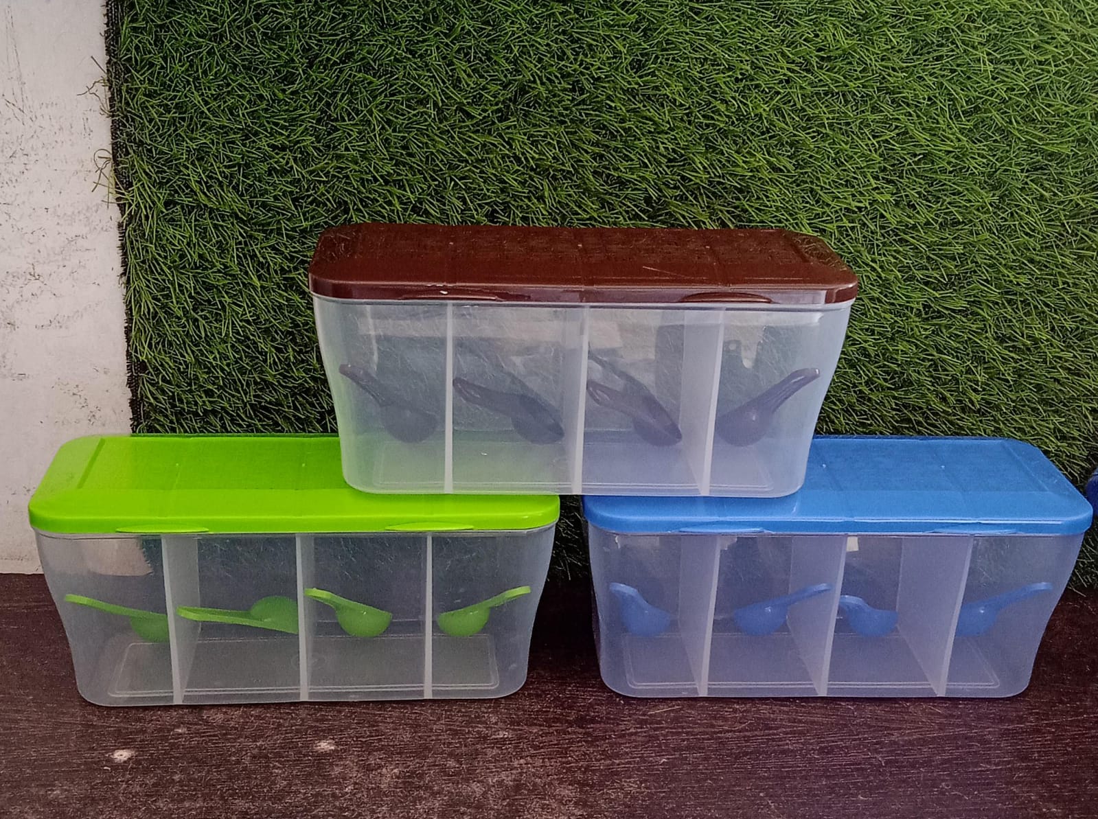 Kitchen Airtight 4-Section Storage Container / Pickle Jar with 4 Spoons (1 Pc / Mix Color) Kitchen Airtight 4-Section Storage Container / Pickle Jar with 4 Spoons (1 Pc / Mix Color)